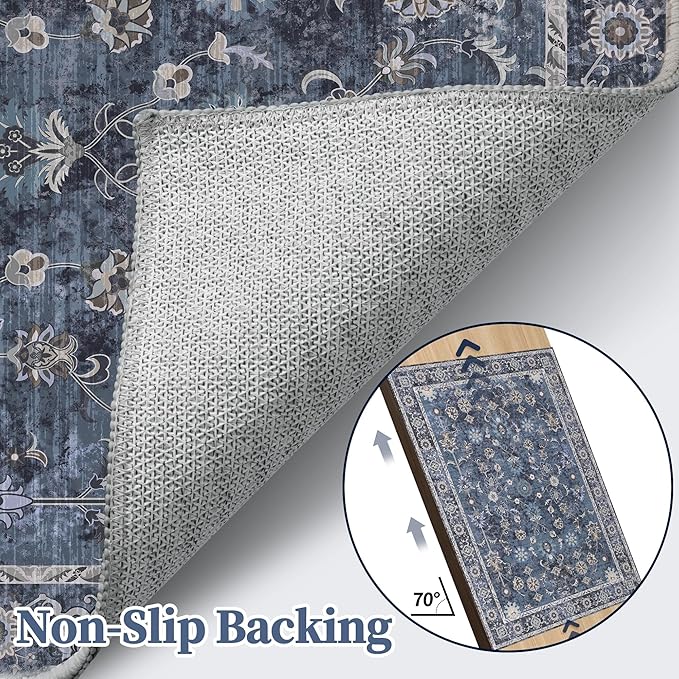Tangsoo 2.6x12 Washable Long Runner Rug for Hallway Non Slip, Boho Floral Vintage Carpet Runner Rugs for Entryway Kitchen, Floor Low Pile Runners for Laundry Bedroom Alfombra Blue Black Farmhouse