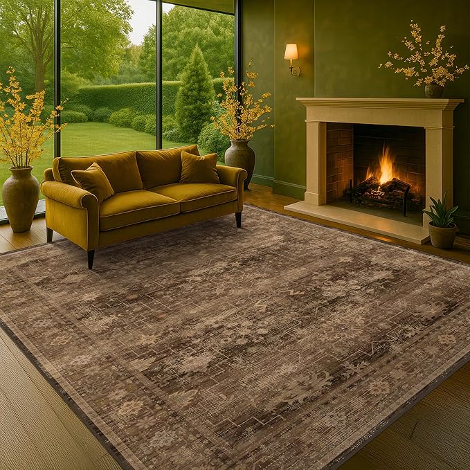 Boho Brown Living Room Rug 7x9 - Vintage Traditional Eclectic Oriental Neutral Taupe, Washable Low Pile Non-Slip Extra Large Area Rugs for Dining Under Table Bedroom Lounge