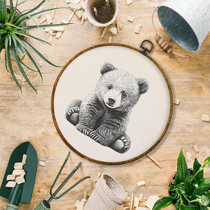 Hiuwevt Vintage Bear Round Wall Art Decor, Cottagecore Neutral Bear Framed Canvas Prints, Retro Forest Wild Animal Round Wall Hanging Decor for Home Nursery Kids Bedroom Decorations, 10x10 Inches