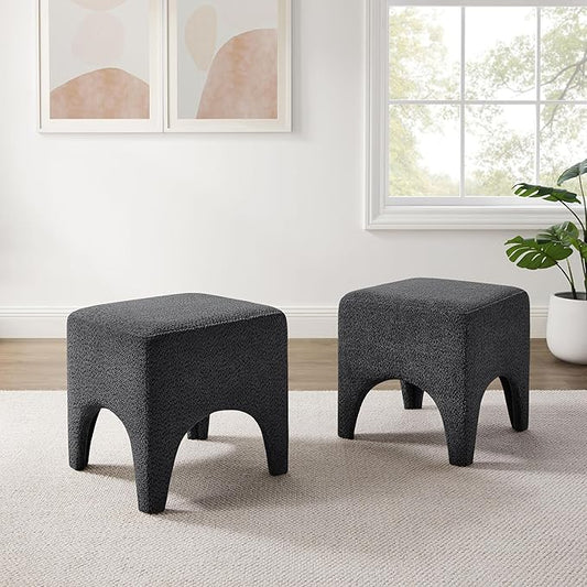 17" Boucle Modern Square Foot Stool Ottoman, Vanity Stool for Makeup, Rectangle Foot Rest for Couch, Upholstered Ottoman Stool for Living Room, Bedroom, Entryway (2, Dark Grey)