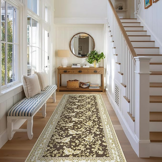 Brown Floral Print Area Rugs for Bedroom Living Room Boho Farmhouse Country Rustic Dining Room Carpet Soft Washable Rugs Non Slip Floor Covering for Nursery Playroom 3x8