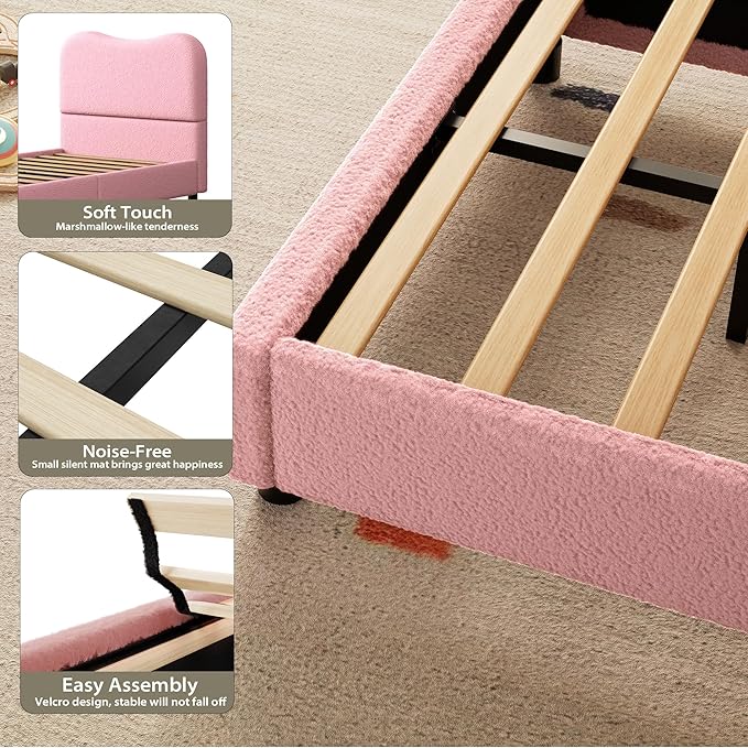 Senfot Pink Twin Kids Bed Frame with Upholstered Headboard, Low Profile Sturdy Platform Bed with Soft Boucle Fabric for Girls and Boys, Heavy Duty, Wooden Slats, Noise Free, No Box Spring Needed