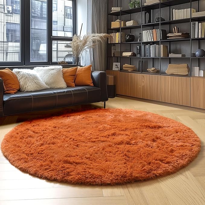 Amdrebio Burnt Orange Round Circle Rug 4Ft for Bedroom Living Room Aesthetic, Fluffy Fuzzy Furry Shaggy Area Rugs for Kids Room Decor, Small Plush Shag Dark Orange Carpet for Nursery Dorm Classroom