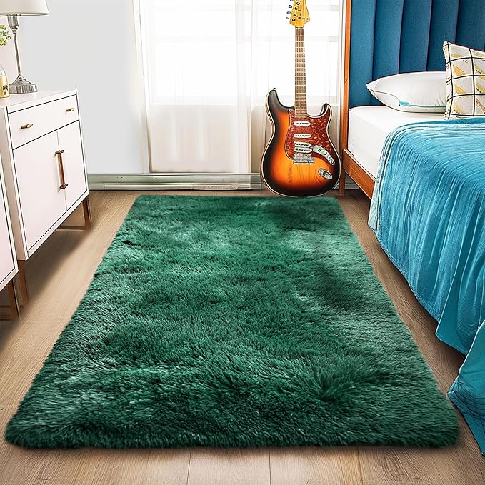 Fluffy Runner Rugs for Bedroom 2x4, Emerald Green Runner for Hallway Non-Slip, Shaggy Fuzzy Bedroom Rug Room Decor