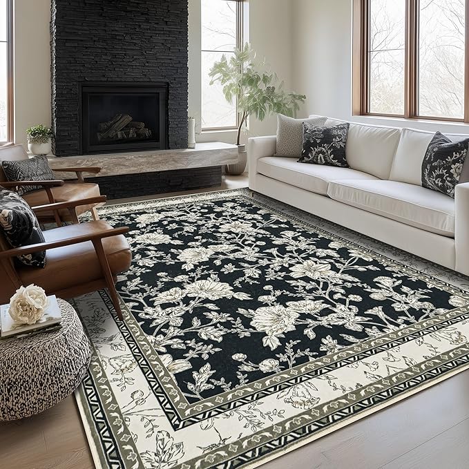 Black Floral Rug 5x7 Machine Washable Area Rug for Living Room Vintage Boho Farmhouse Low Pile Distressed Carpet for Dining Room, Bedroom Indoor Non-Slip Black Beige Taupe Flower Design Home Decor