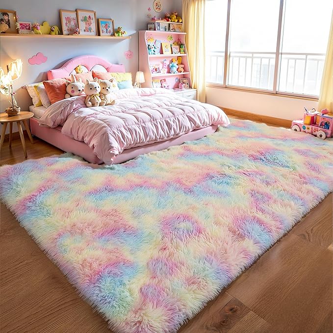 Fluffy 8x10 Large Area Rugs for Girls Bedroom Living Room, Rainbow Soft Washable Shag Carpet for Kids Room, Nursery, Dorm Decor, Colorful Cute Plush Fuzzy Rugs for Baby Toddler