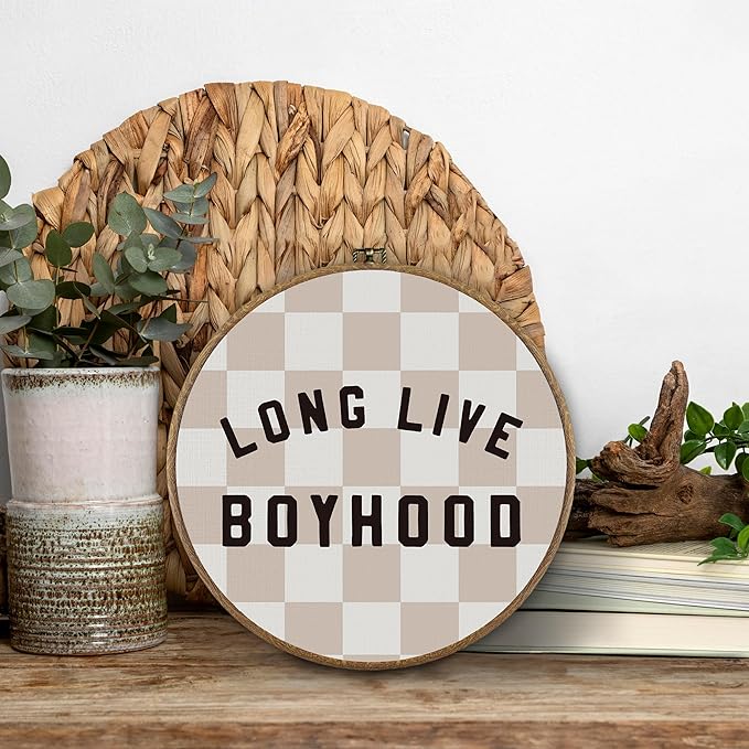 BitKAM Boy Nursery Round Wall Art Decor, Long Live Boyhood Canvas Prints Framed, Retro Beige Checkered Wall Hanging Decorations for Kids Boys Nursery Bedroom Playroom, 10x10 Inch Wall Sculptures