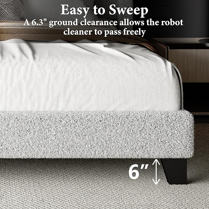 King Bed Frame with Headboard Upholstered Platform Bed Frame with Teddy Velvet Headboard, Wooden Slats Support/Wing Edge Design/No Box Spring Needed/Easy Assembly, Grey King