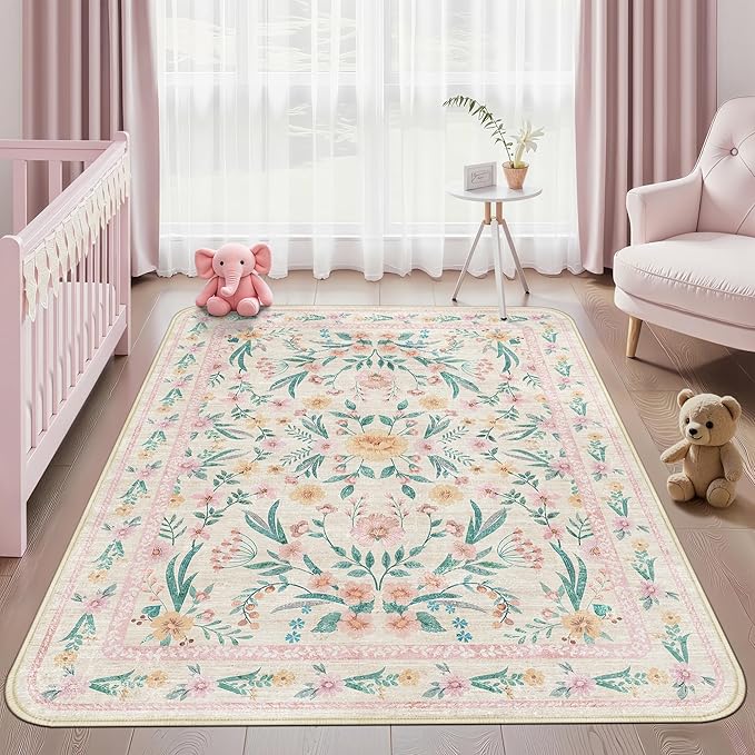 Pink Floral Rug 6x9, Machine Washable Non-Slip Area Rug for Girls Bedroom, Living Room, or Dorm, Soft Boho Carpet for Playroom or Nursery, Cozy Flower Design for Home Décor
