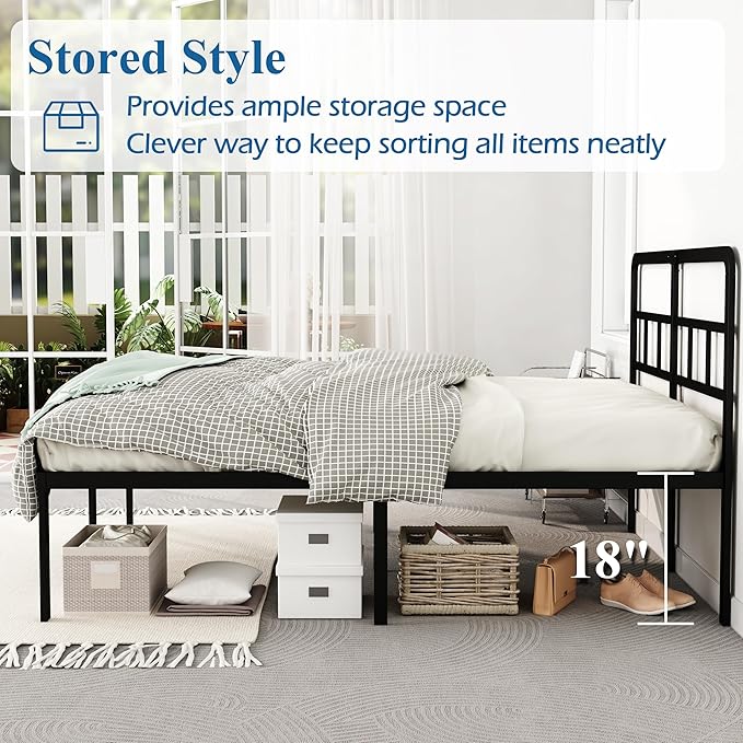 18 Inch Queen Bed Frame with Headboard No Box Spring Needed, Heavy Duty Metal Queen Size Platform with Steel Slat, Mattress Foundation, Easy Assembly, Noise Free, Black