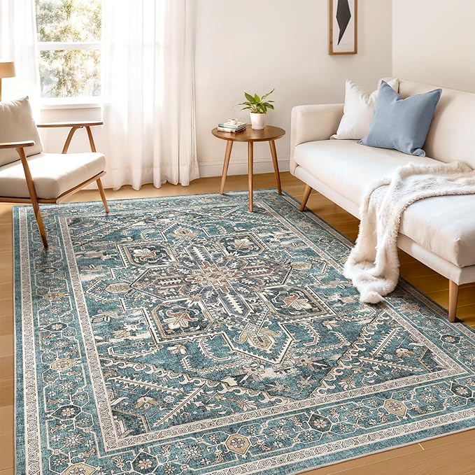 WITSHOCK Living Room Area Rugs 5x7: Washable Rug Boho Soft Non-Slip Low Pile Stain Resistant Foldable Carpet for Bedroom Playroom Dining Room Office Kitchen Farmhouse Home Decor Rug-Dull Teal