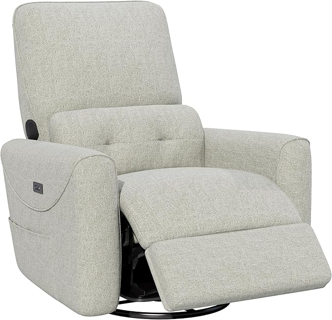 KINGYES Nursery Rocking Chair, Glider Rocking Chair for Nursery, 270° Swivel Glider, Bluetooth Speaker & USB-C Port, Fabric Nursery Recliner Sofa, Gray
