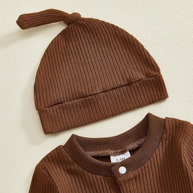 Infant Boys Fall Clothes Newborn Baby Romper Hat Stripe Knit Long Sleeve Bodysuit Jumpsuit Baby Going Home Outfit