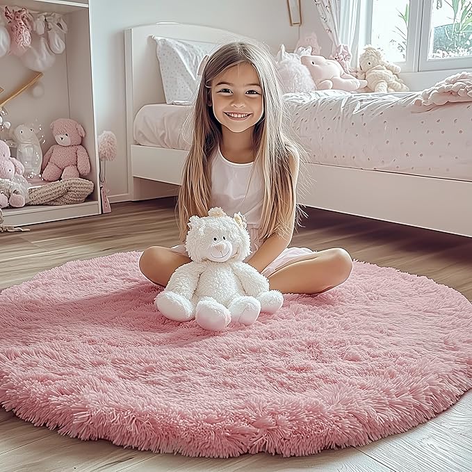 ONASAR Light Pink Round Area Rugs 2ft for Bedroom Living Room, Fluffy Cat Dog Bed Mat, Washable Circle Rug for Kids Girls Boys Teen, Soft Plush Shaggy Carpet for Nursery Dorm Home Decor Aesthetic