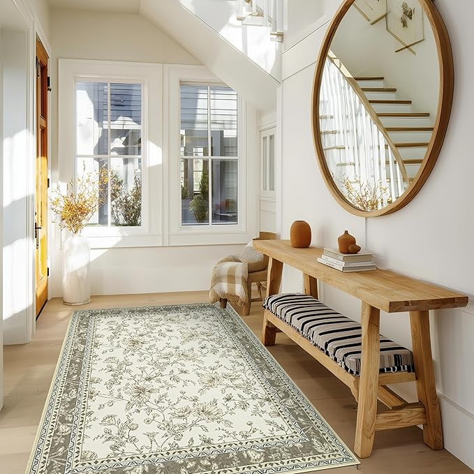 Floral Boho Rug 4x6 Washable Non Slip Area Rug Bohemian Carpet Door Mat Taupe Beige Tan Floral Distressed Modern Farmhouse Sketch Style Flower for Bedroom Foldable 4x6 for Entryway Living Room