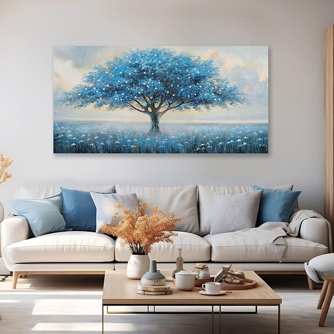 Glvzygy Blue Tree of Life Wall Art Abstract Modern Artwork Canvas Painting Textured Tree Pictures Wall Decor Home Decor Wall Ready to Hang for Bedroom Living Room Size 24"x48"