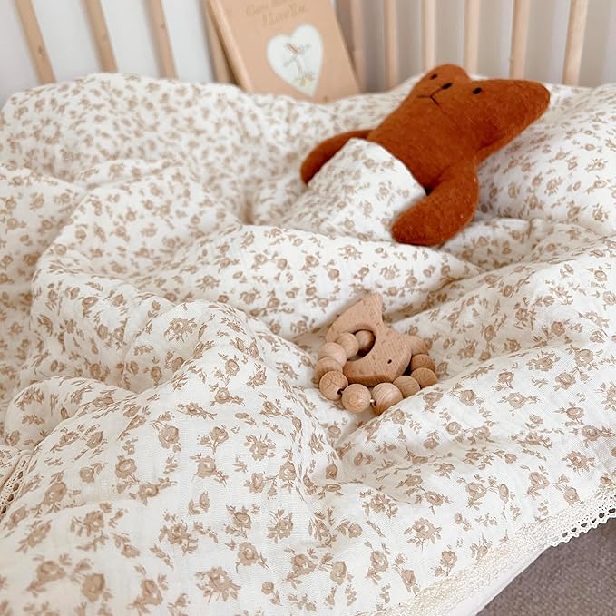 BuLuTu Beige Baby Blanket Flower Print Kid Quilt for Girls Boys Muslin Toddler Quilts for Kids Bed Breathable Comforter Bedding Decor Birthday Gifts, Camellia Pattern, 60x78 Inches
