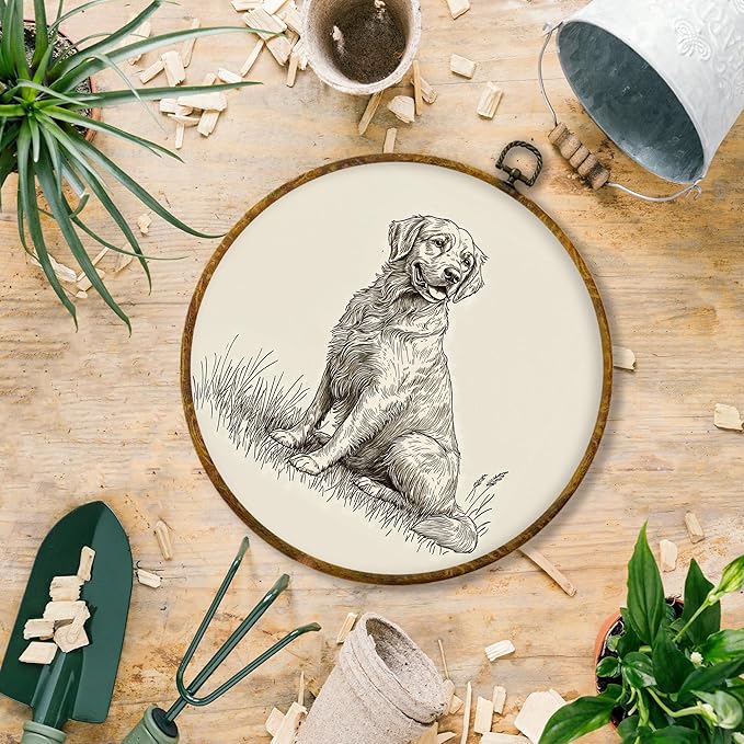 Hiuwevt Vintage Neutral Golden Retriever Round Wall Art Decor, Golden Retriever Gifts Framed Canvas Prints, Retro Sketch Dog Round Wall Hanging Decor for Home Bedroom Decorations, 10x10 Inches