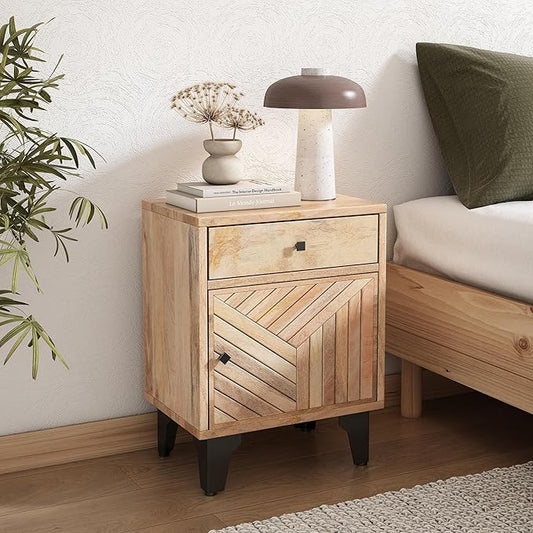 Nightstand, End Table with 2 Drawers, Mid Century Modern Side Table with Shelf Storage Bed Night Stand Accent Table for Bedroom, Living Room… (Solid Wood)