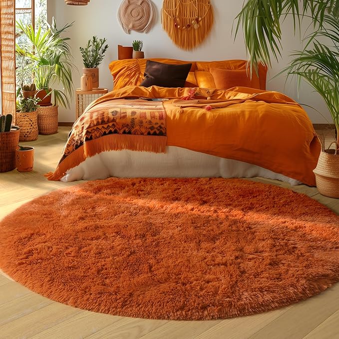 Amdrebio Burnt Orange Round Circle Rug 4Ft for Bedroom Living Room Aesthetic, Fluffy Fuzzy Furry Shaggy Area Rugs for Kids Room Decor, Small Plush Shag Dark Orange Carpet for Nursery Dorm Classroom