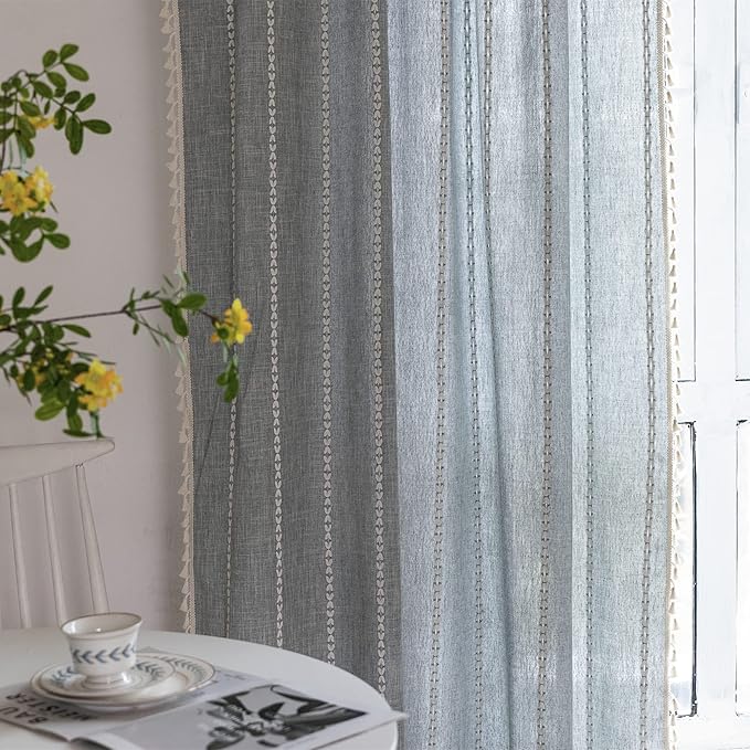 Deeprove Boho Curtains 84 Inches Long for Bedroom Living Room Kitchen, Cotton Linen Striped Embroidery Semi Blackout Bohemian Window Treatment Drape Handmade Tassels 1 Panel W52 x L84 Greyish -Blue