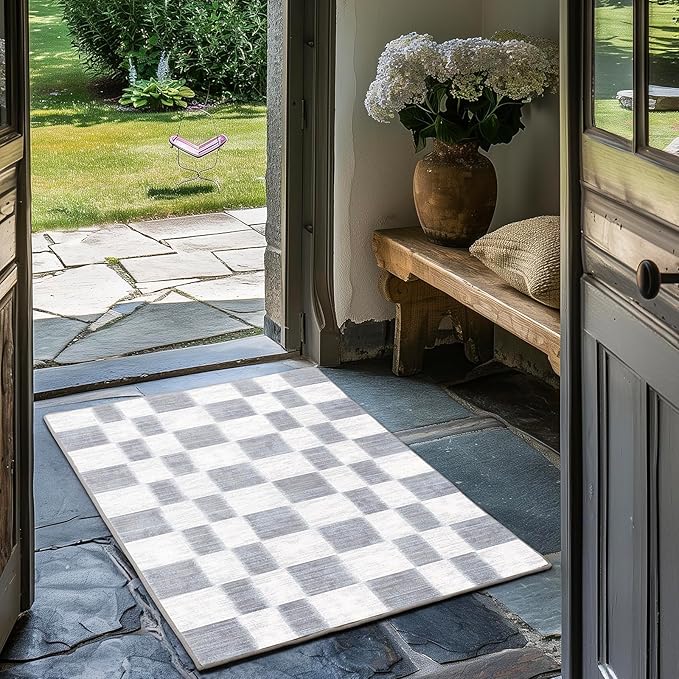 EverGrace Checkered Plaid Area Rug 2x3, Soft Fuzzy Faux Wool Rugs Washable Anti Slip Rugs Small Rug Carpet for Entryway Bedroom Living Room Hallway Kitchen Dining Room and Laundry Room, Light Gray