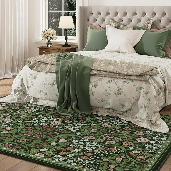 5x7 Green Floral Washable Area Rug for Living Room, Non-Slip Soft Vintage Boho Carpet, Botanical Forest Green Low Pile Rugs for Bedroom, Dinning Room, Home Office, Dorm, Nursery, Dark Green