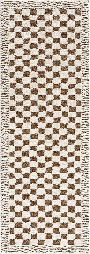 Hauteloom Leryn Living Room, Bedroom Area Rug - Checkered - High Pile - Bone - 6'7" x 9'