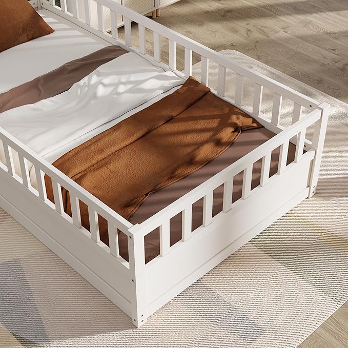 GDFStudio Twin Size Toddler Floor Bed Frame with Door & Guardrails, Toddler Twin Bed Frame for Kids Boys Girls, Low to Floor Child Bed Rail Design, Wooden Floor Bed for Baby, No Support Slat, White