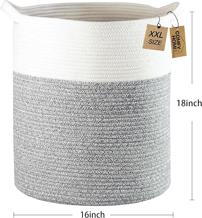 COMFY-HOMI XXL Large Laundry Basket with Handles Blanket Baskets Living Room|Woven Cotton Rope Decorative Basket Laundry Hamper Baby Basket Nursery Dog Toy Storage Organizer Bin-16”x18”-White Grey