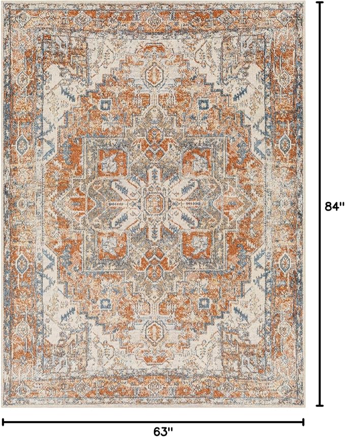 Mark&Day Washable Rugs, 5x7 Dry Ridge Traditional Rust Area Rug, Orange Blue Ivory Carpet for Living Room, Bedroom or Kitchen (5'3" x 7', Machine Washable)