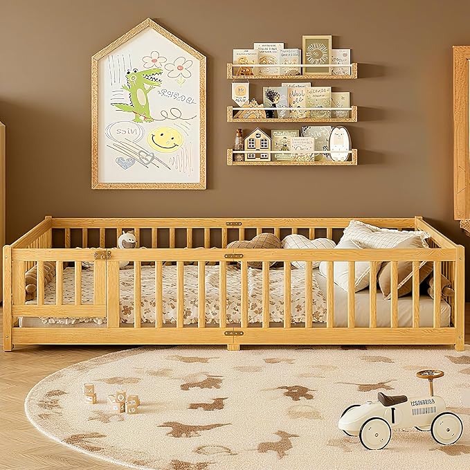 Bellemave Queen Floor Bed Frame with Rails and Door, Solid Wood Montessori Queen Size Floor Bed for Kids, Low Profile Montessori Beds with Removable Slats, Natural