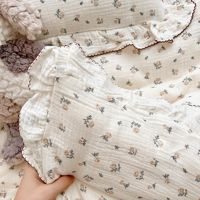 AOJIM Cotton Muslin Duvet Cover with Ruffled Edges for Kids Adults, 1 Piece Super Soft Comforter Cover 79X90'', Rose Pattern Aesthetic Bedding Duvet Cover for Room Decor, Machine Washable, No Quilt