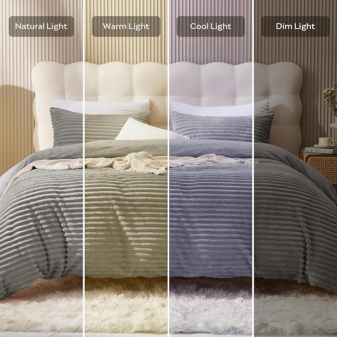 JELLYMONI Plush Duvet Cover Set - King Size Light Gray Striped Fluffy Comforter Cover 3pcs Bedding Set Luxury Ultra Soft Faux Fur Duvet Cover with Zipper and 2 Pillowcases (NO Comforter)