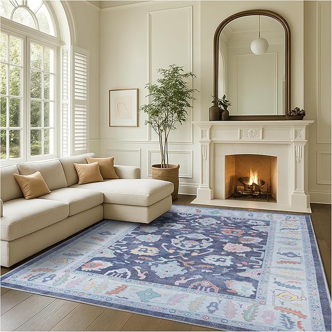 Fame Rugs Navy Blue Modern Oushak Rug 5x7, Washable Vintage Turkish Colorful Oriental Antique Inspired Area Rugs, Luxury Living Room Bedroom (388NB, 5' x 7')