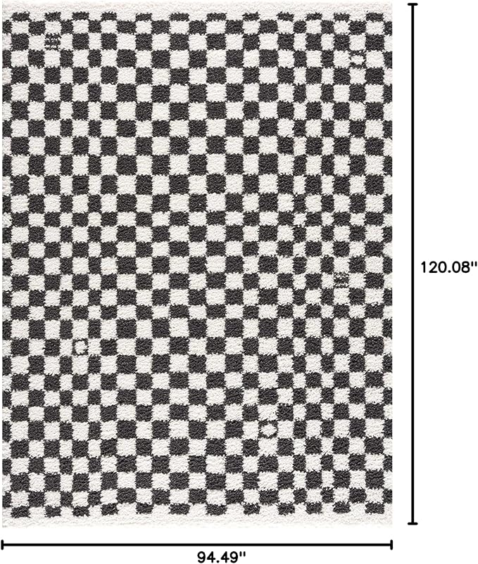 BoutiqueRugs Kieu Black and White Checkered Shag Rug - High Pile Fluffy Shag Carpet for Hallway, Nursery, Playroom, Girls Boys Room - Black, White - 7'10" x 10' (8x10)