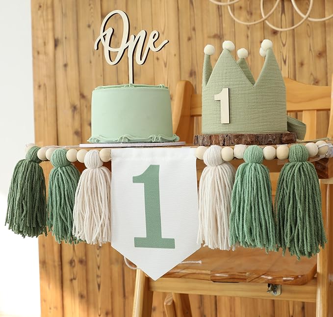 Wild One High Chair Banner For 1st Birthday Party Boy Decorations With Green Tassel Garland Crown Hat Cake Topper