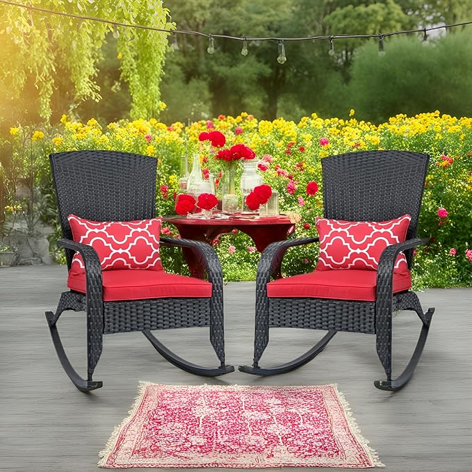 Outdoor Rocking Chair Set of 2- Outdoor Glider Rattan Rocker Chair with Heavy-Duty Steel Frame- All Weather Rocker Chair for Garden, Porch, Backyard, Poolside (Black and Red, 320lbs)