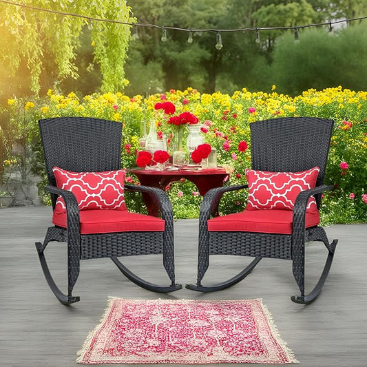 Outdoor Rocking Chair Set of 2- Outdoor Glider Rattan Rocker Chair with Heavy-Duty Steel Frame- All Weather Rocker Chair for Garden, Porch, Backyard, Poolside (Black and Red, 320lbs)