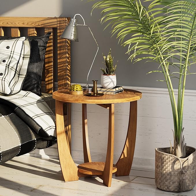 COZAYH Rustic Farmhouse End Table with Storage Shelf, French Country Accent Side for Family, Dinning or Living Room, Small Spaces, Modern, Round, Vintage Caramel Brown Finish