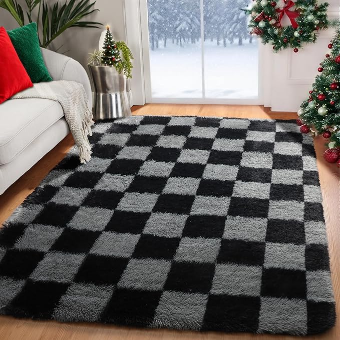 KICMOR Black and Grey Area Rug for Bedroom, 4x6 Fluffy Fuzzy Shag Checkered Rugs Shaggy Carpet for Living Room, Soft Plush Furry Bedside Rug for Kids Boys Room, Guest Room, Home Office Reading Nook