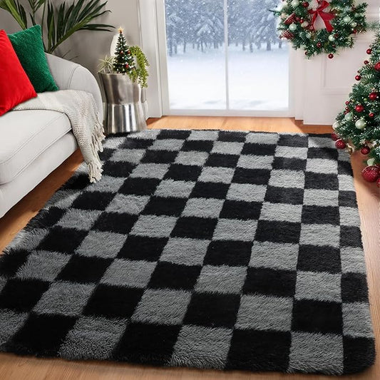 KICMOR Black and Grey Area Rug for Bedroom, 4x6 Fluffy Fuzzy Shag Checkered Rugs Shaggy Carpet for Living Room, Soft Plush Furry Bedside Rug for Kids Boys Room, Guest Room, Home Office Reading Nook