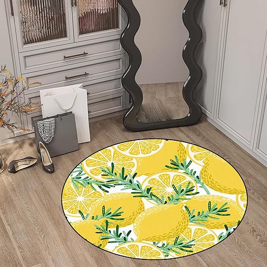 Round Lemon Rug Yellow Circle Rugs for Bedroom Dorm Living Room Lemon Tree Area Rug Floor Mat Pad Doormat Carpet, 3'X3'(90x90cm)