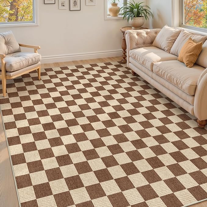 LIVEBOX 8x10 Area Rugs for Living Room, Checkered Non-Slip Washable Rugs, Farmhouse Neutral Classic Geometric Pattern Large Boys Area Rug for Bedroom, Carpet for Dining Room Office(Dark Brown,8'x10')