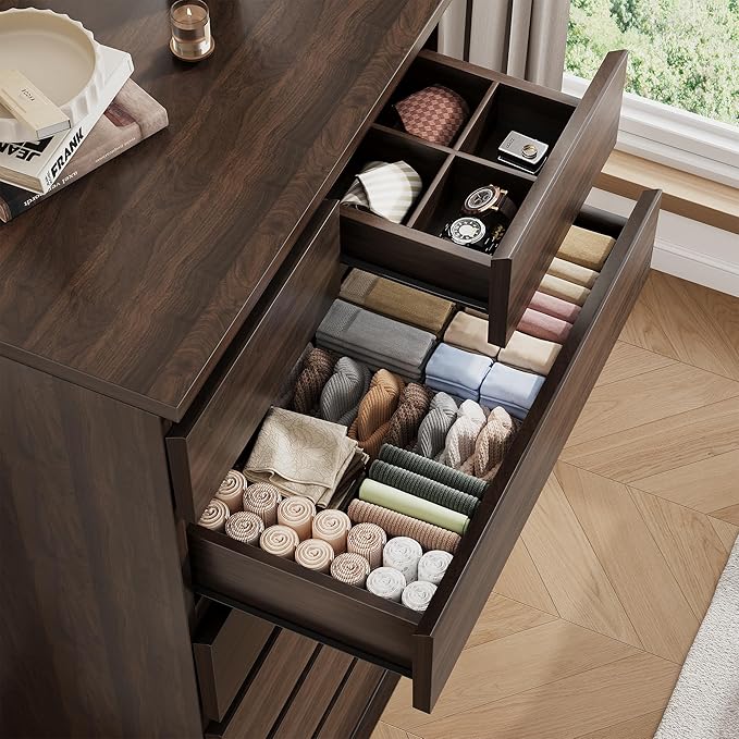Brown Tall 7 Drawer Dresser for Bedroom, Modern Wood Closet Dressers & Chests of Drawers with Jewelry Storage, 23.6" L*15.8" W*47.5" H in Large Vertical Dresser for Bedroom, Living Room, Nursery