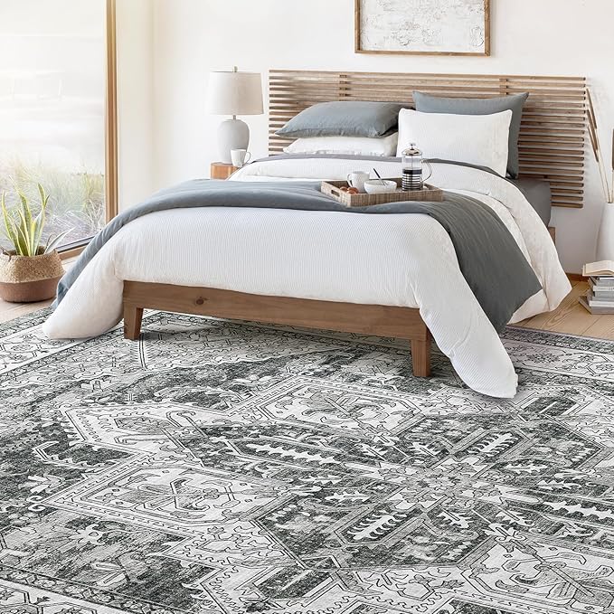 WITSHOCK Living Room Area Rugs 9x12: Washable Rug Boho Soft Low Pile Non Slip Stain Resistant Foldable Carpet for Bedroom Playroom Dining Room Office Distressed Vintage Farmhouse Home Decor Rug-Gray