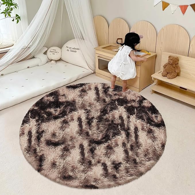 5 ft Round Fluffy Brown Rug for Bedroom,Tie Dyed Furry Round Carpet Non Slip Fuzzy Shaggy Plush Circle Area Rug Rug for Living Room Teen Room Nursery Room Playroom Kids Room Home Decor Washable