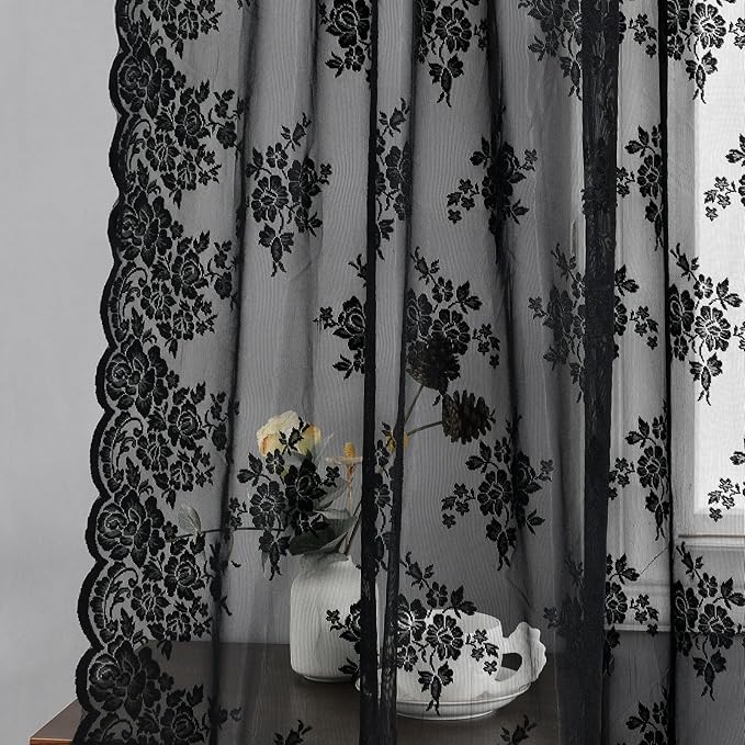 Kotile Black Lace Curtains 72 Inches Long 2 Panels, Country Rustic Floral Goth Sheer Curtains for Bedroom, Rod Pocket Vintage Privacy Sheer Lace Curtains, 42 x 72 Inch Each, 1 Pair, Black