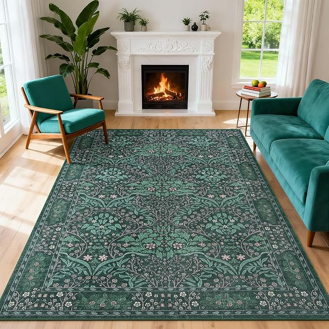 Washable Rug 5x7 Area Rug,Dark Green Living Room Rug for Entryway Bedroom Farmhouse Nursery Home Office，Low Pile Stain & Slip Resistant Large Carpet for Bedroom