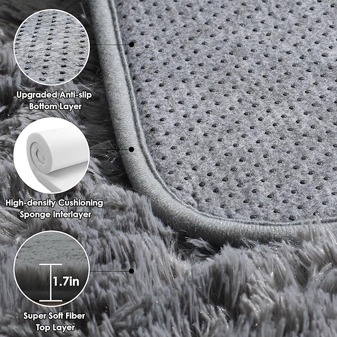 ONASAR Grey Area Rugs 9x12 Living Room, Gray Large Fluffy Shag Bedroom Rug, Washable Soft Plush Thick Shaggy Big Floor Carpet for Kids Boy and Girls Teen Dorm Nursery Indoor Home Decor Aesthetic